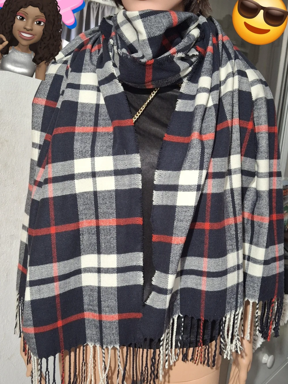 J. Crew Black & White Plaid LADIE Scarf with Red Accents
